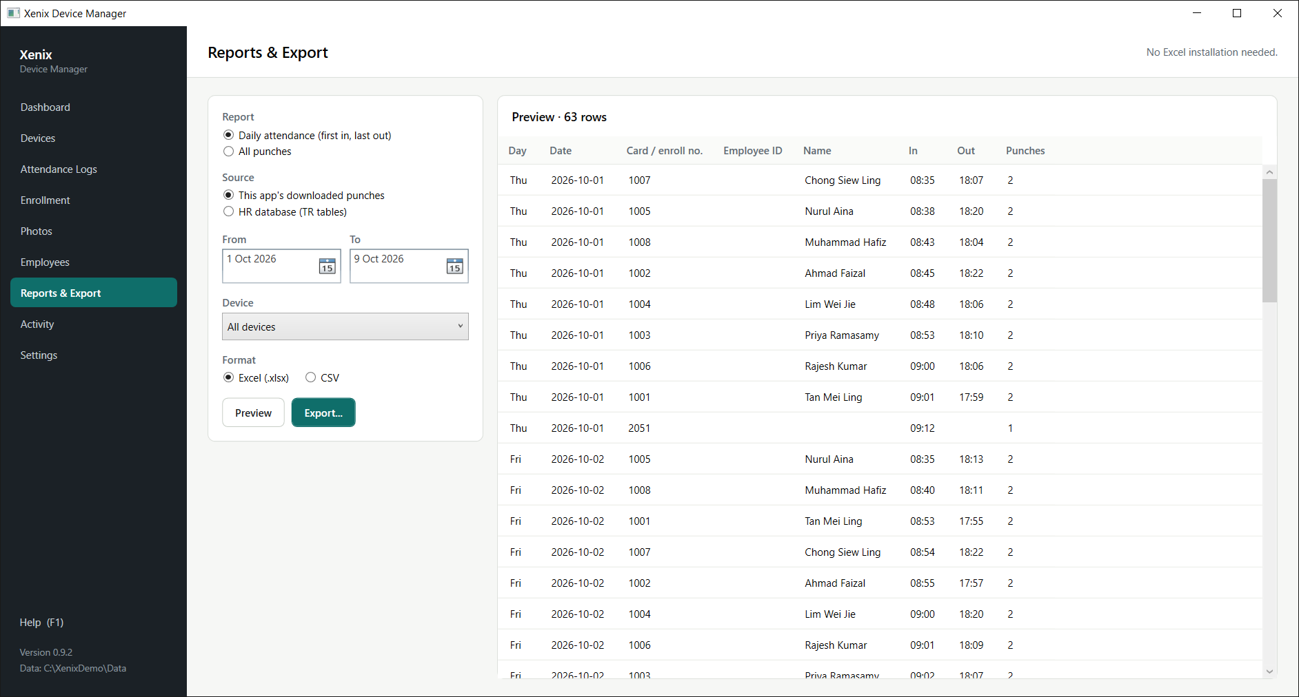 Reports & Export with a daily attendance preview.